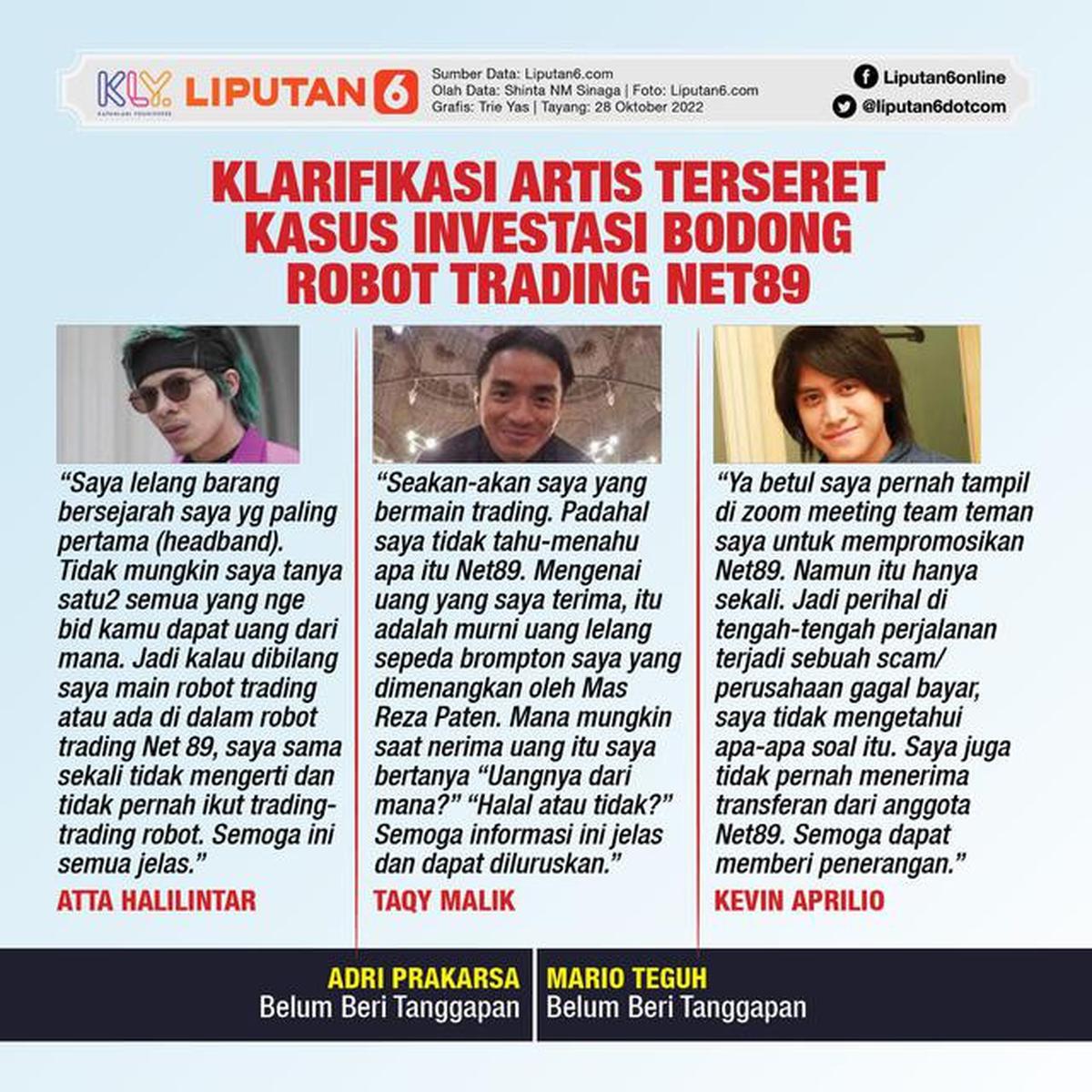 Infografis Klarifikasi Artis Terseret Kasus Investasi Bodong Robot Trading Net89 (Liputan6.com/Triyasni)