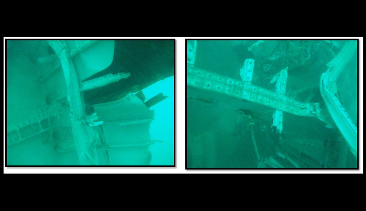 Basarnas menjelaskan obyek yang ditemukan sudah terkoyak di beberapa sisi. Namun bentuk ekor masih jelas terlihat, Selat Karimata, Rabu (7/1/2015)(Dokumentasi TNI).