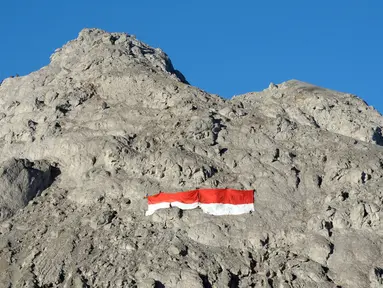 Bentangan bendera Merah Putih menandai perayaan HUT RI ke-69 di lereng Gunung Merapi, Jawa Tengah, (17/8/2014). (Liputan6.com/Helmi Fithriansyah)