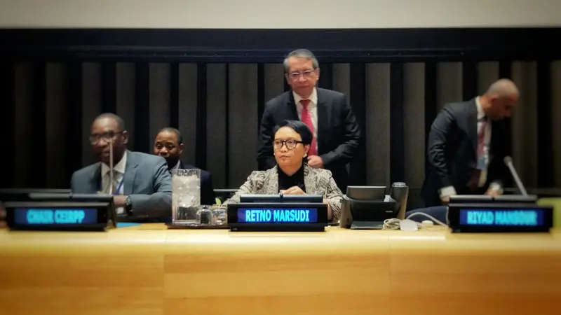 Menteri Luar Negeri RI Retno Marsudi dalam UN Forum on Palestine di Markas PBB di New York (4/4/2019) (kredit: Kementerian Luar Negeri RI)