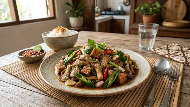 Resep Jamur Tiram Tumis Tempe dan Cabai Hijau/AI Generated