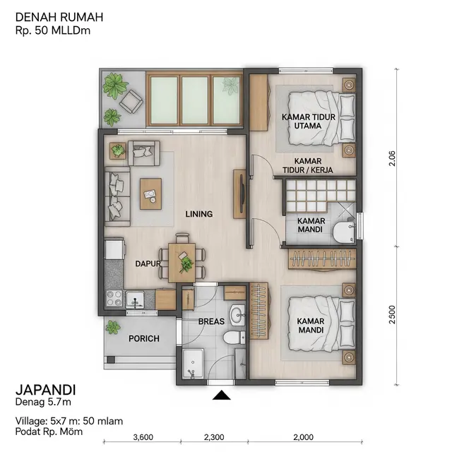 Denah Rumah Japandi Sederhana Ukuran 5x7 Biaya 50 Juta Cocok di Desa (Image by Gemini AI)