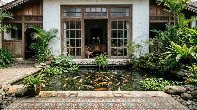 Model Teras Depan Jadul dengan Kolam Ikan