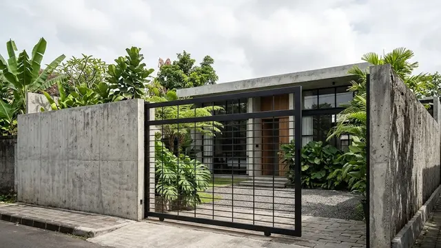 Pagar Beton Ekspos dan Pintu Geser Besi