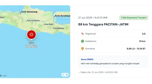 BMKG: Gempa Magnitudo 5,6 Guncang Pacitan