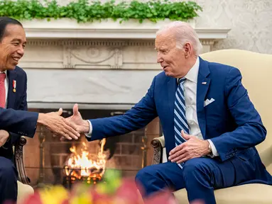 Presiden Amerika Serikat Joe Biden (kanan) bertemu dengan Presiden Indonesia Joko Widodo atau Jokowi di Ruang Oval Gedung Putih, Washington, Amerika Serikat, Senin (13/11/2023). Dalam pertemuan tersebut, Jokowi menyampaikan agar kemitraan kedua negara dapat berkontribusi terhadap perdamaian global. (AP Photo/Andrew Harnik)