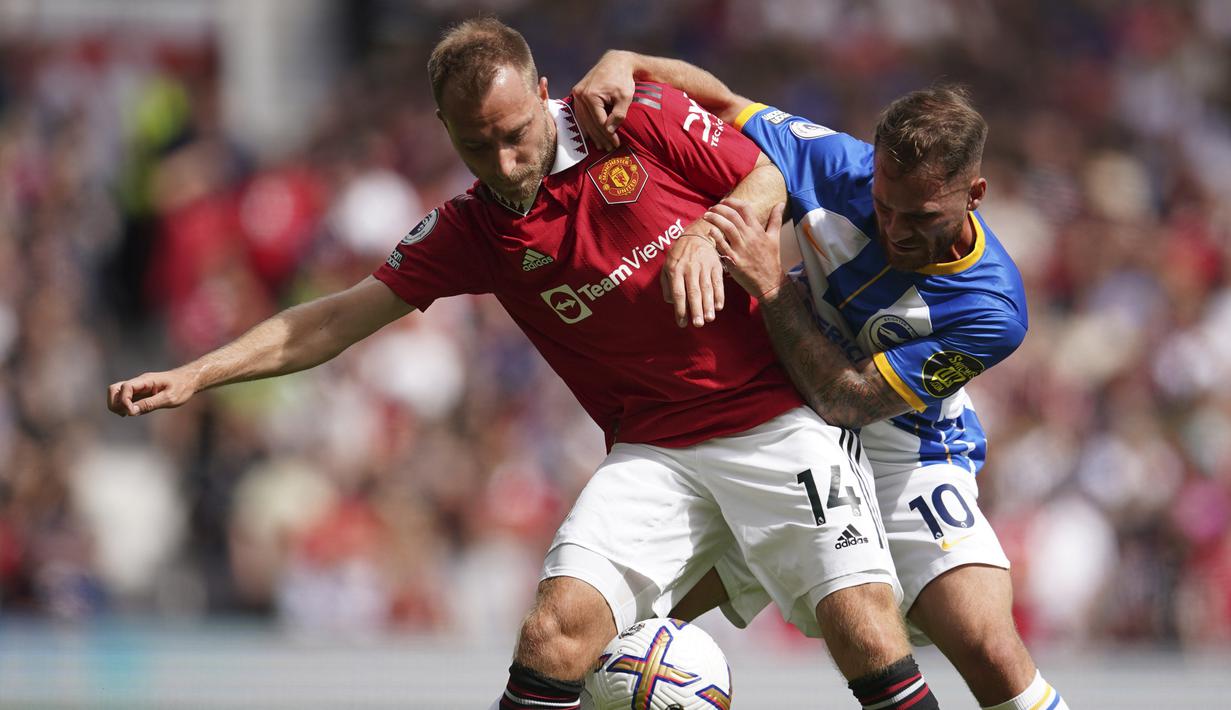 Secara keseluruhan, duel Manchester United menghadapi Brighton and Hove Albion berjalan sengit sepanjang 90 menit. Christian Eriksen dkk mampu menguasai permainan dengan torehan 63 persen penguasaan bola dan berhasil melepaskan total 17 tembakan ke gawang lawan berbanding 15 milik Brighton. (AP/Dave Thompson)