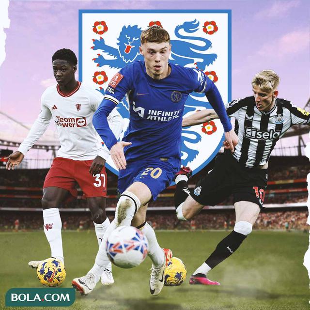 Ilustrasi - Kobbie Mainoo, Cole Palmer, dan Anthony Gordon dengan Latar Logo Timnas Inggris
