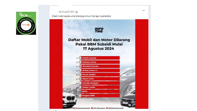 Tangkapan layar klaim daftar 10 merek mobil yang dilarang pakai BBM subsidi sejak 17 Agustus