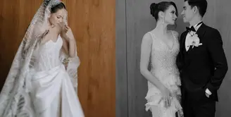 Berbeda tampilannya saat akad, Enzy Storia memilih gaun klasik rancangan Monica Ivena saat resepsi pernikahan di Bali. [@monicaivena]