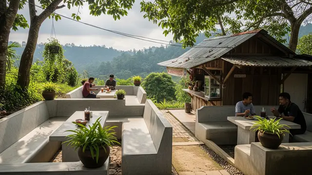 Warung Asri di Pedesaan dengan Bangku Semen