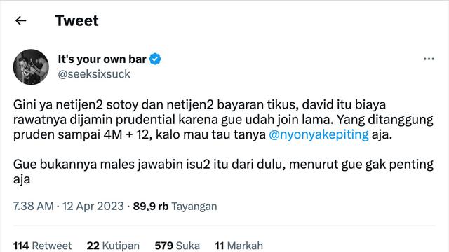 Cuitan Jonathan Latumahina soal biaya pengobatan David Ozora. (Foto: Dok. Twitter @seeksixsuck)