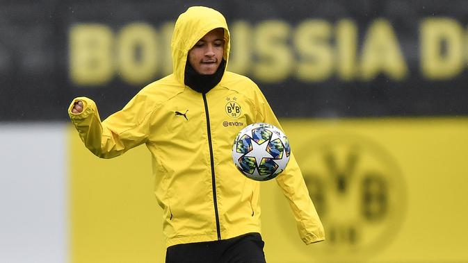 Gelandang Borussia Dortmund, Jadon Sancho  (AP Photo/Martin Meissner)