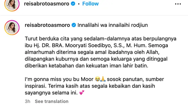 Unggahan Reisa Broto Asmoro. (Foto: Dok. Instagram @reisabrotoasmoro)