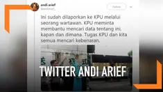 Politikus Partai Demokrat, Andi Arief, mengunggah foto truk beraksara asing dengan stiker KPU.