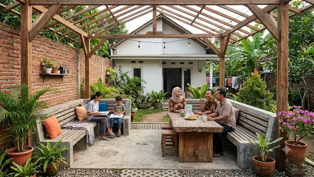 Desain Area Santai Permanen dari Semen dan Bata Ekspos yang Cocok untuk Family Time Model Atap Terbuka