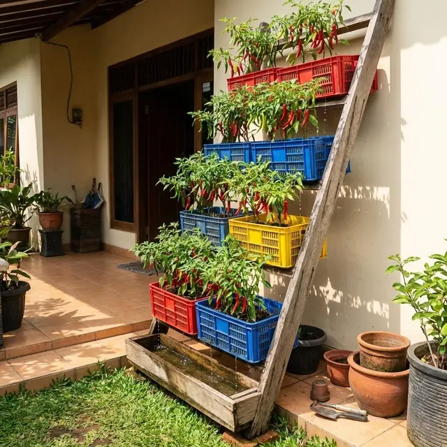 Desain Kebun Cabai Pakai Keranjang Plastik Bekas Anti Becek