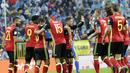 Para pemain Belgia merayakan gol  Dries Mertens saat melawan Bosnia-Herzegovina pada kualifikasi Piala Dunia 2018 grup H di Grbavica stadium, Sarajevo, Bosnia, (7/10/2017). Belgia menang 4-3. (AP/Amel Emric)