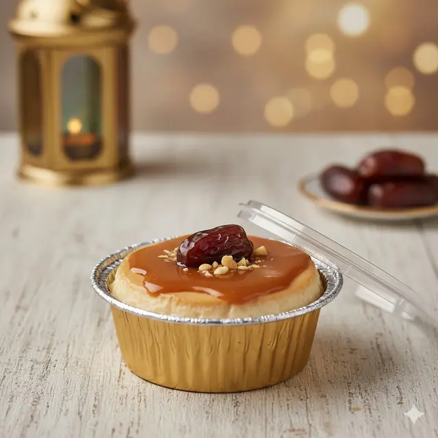 Puding Kurma Saus Butterscotch dalam Aluminium Cup (Gemini AI)
