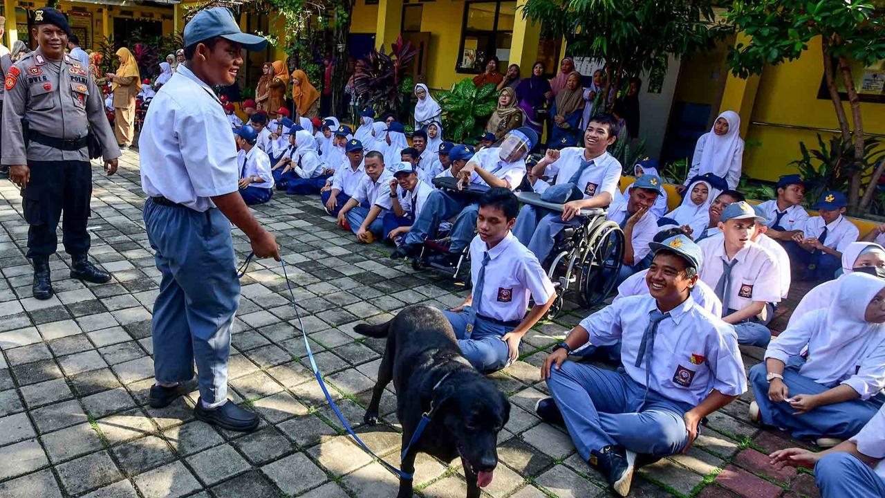 FOTO: Semangat Murid SLB Belajar Bersama Anjing K-9 Mabes Polri
