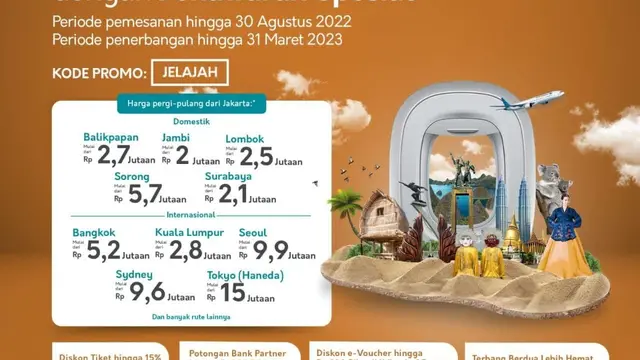 Lewat Program Jelajah Negeri, Garuda Indonesia menawarkan potongan harga khusus hingga 15 persen yang disertai dengan berbagai penawaran cash back dan benefit lainnya. (Dok Garuda Indonesia)