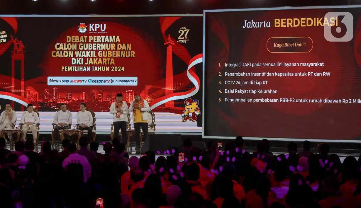 Debat mengangkat tema 'Penguatan Sumber Daya Manusia dan Transformasi Jakarta menjadi Kota Global'. Tampak pasangan calon gubernur dan wakil gubernur DKI Jakarta nomor urut 3, Pramono Anung-Rano Karno saat menyampaikan visi misi dalam segmen pertama. (Liputan6.com/Herman Zakharia)