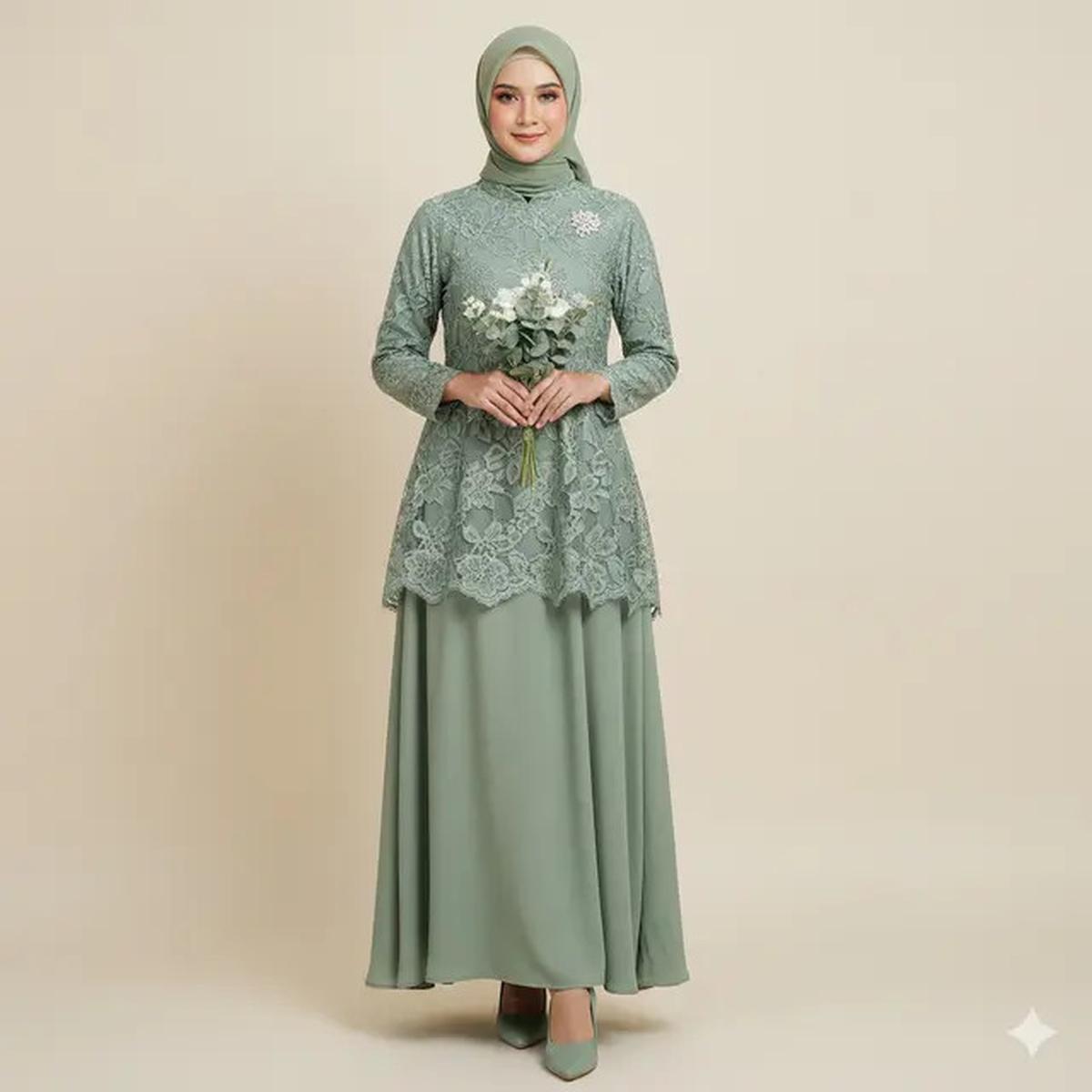 8 Inspirasi Gamis Brokat Islami Warna Sage, dari Simpel hingga Glamour