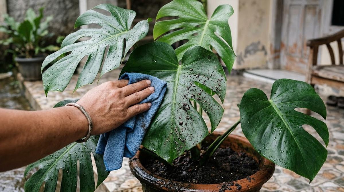 Membersihkan dari Residu Tanah pada Permukaan Daun