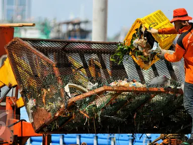 Petugas kebersihan UPK Pesisir dan Pantai membersihkan sampah di Dermaga Kali Adem, Jakarta, Kamis (14/4/2016). Kurangnya pemahaman warga tentang kebersihan lingkungan membuat Dermaga Kali Adem kerap dipenuhi sampah. (Liputan6.com/Yoppy Renato)