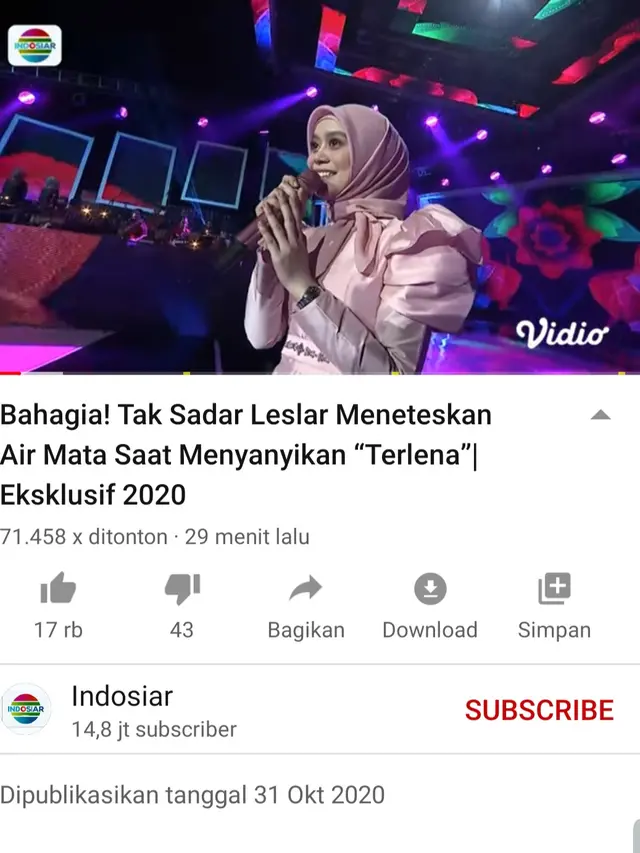 Lesti Kejora dalam unggahan Indosiar. (Foto: YouTube Indosiar)