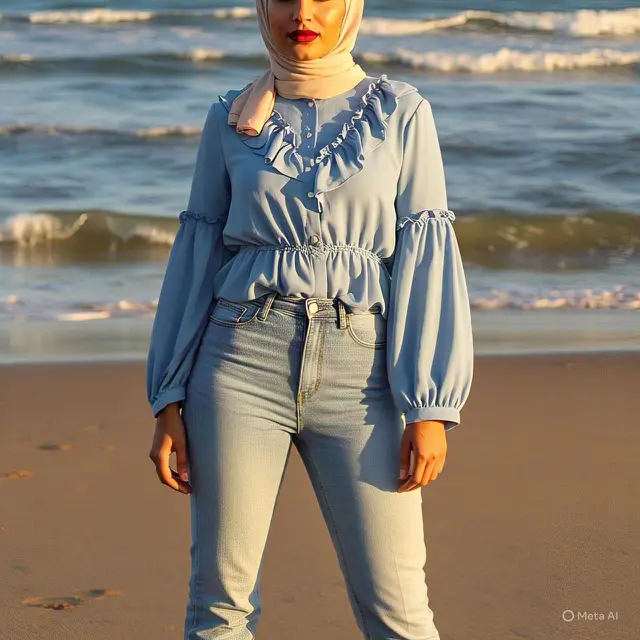Inspirasi Outfit Hijab: Ruffle Blouse + Celana Jeans High-Waist