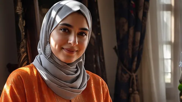 Ilustrasi muslimah memakai gamis orange dengan jilbab abu-abu. (Ilustrasi by Meta AI)