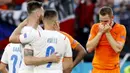 Belanda secara mengejutkan disingkirkan Republik Ceska usai takluk dua gol tanpa balas di babak 16 besar Euro 2020. (Bernadet Szabo/Pool via AP)
