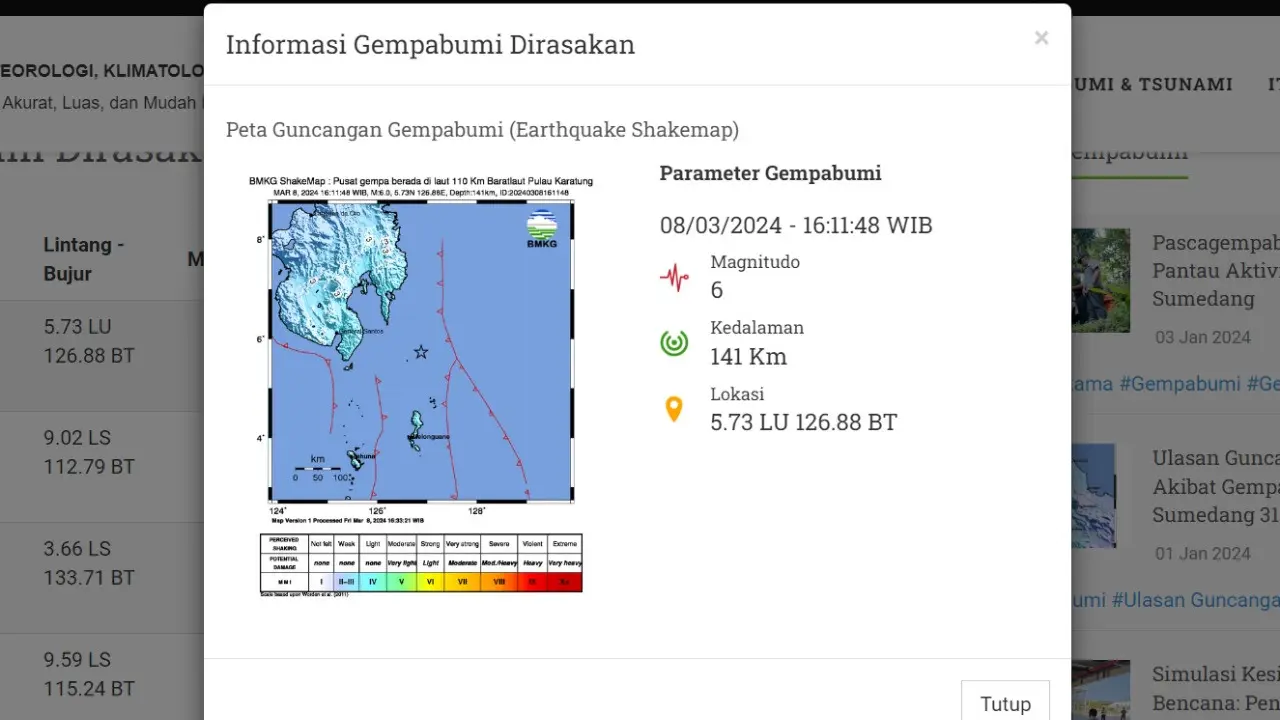Indonesia kembali diguncang lindu jelang akhir pekan hari ini, Jumat (8/3/2024). Hingga pukul 19.35 WIB, hanya ada satu kali gempa hari ini menggetarkan Bumi Pertiwi.