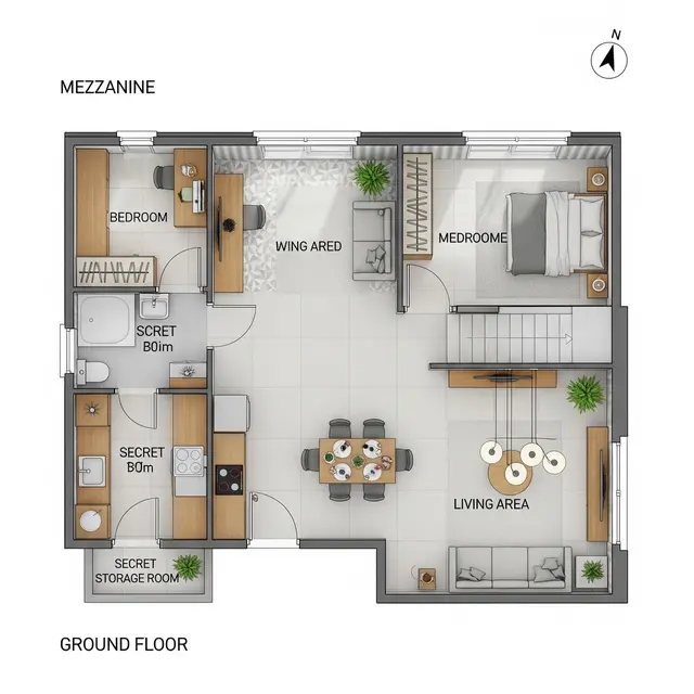 Denah Rumah 7x10 dengan Mezzanine dan Gudang Rahasia (Image by Gemini AI)