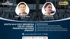 Liputan6 Update Jumat, 22 April 2022 pukul 11.00 WIB menyajikan laporan dari segala penjuru dengan tema Kuota Haji 2022 Indonesia 100.051 Orang, Prioritas Kriteria Jemaah?

Laporan Langsung
- Update Kasus Izin Ekspor Minyak Goreng
- Vaksin Kanker...