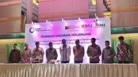 Penandatanganan pembiayaan sindikasi oleh PT Len Telekomunikasi Indonesia (PT LTI) bersama para kreditur sindikasi di Jakarta, Senin (29/8/2016) lalu. (Liputan6.com/Muhammad Sufyan A)