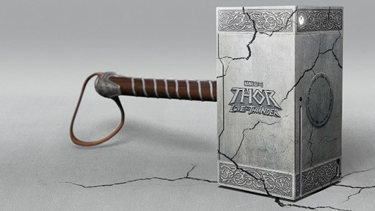Tampilan Xbox Series X edisi Thor: Love and Thunder yang berbentuk Mjolnir (Twitter Xbox)