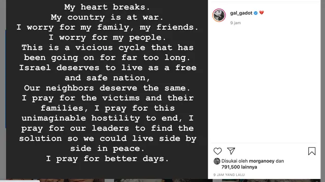 Unggahan Gal Gadot. (Foto: Instagram terverifikasi @gal_gadot)