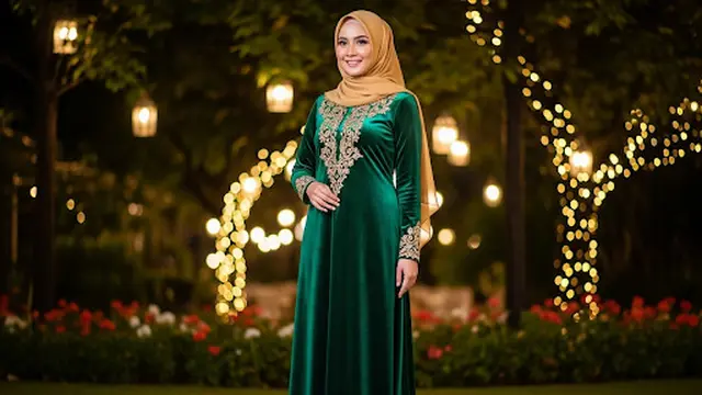 Velvet Lurus Emerald Green dengan Bordir Tangan