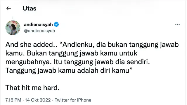 Unggahan Andien. (Foto: Dok. Twitter @andienaisyah)