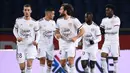 Para pemain Bordeaux, merayakan gol yang dibuat gelandang Yacine Adli melalui eksekusi penalti dalam laga lanjutan Liga Prancis 2020/21 di Parc de Princes Stadium, Sabtu (28/11/2020) waktu setempat. Hasil akhir Bordeaux dan PSG bermain imbang 2-2. (AFP/Franck Fife).
