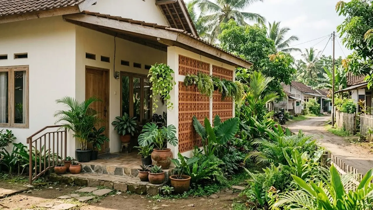 Desain Rumah Kampung dengan Roster dan Tanaman