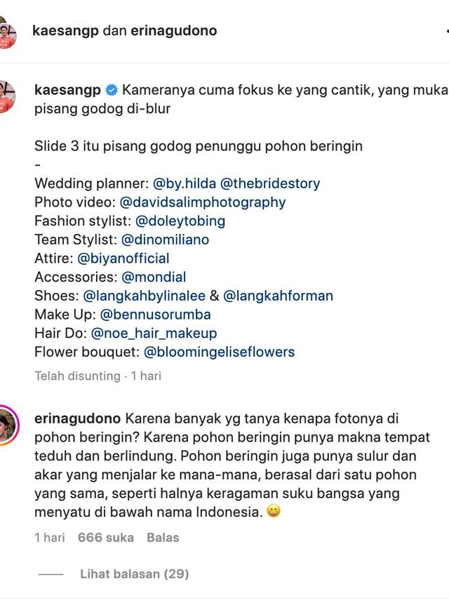 Penjelasan Erina Gudono soal foto prewedding dengan Kaesang Pangarep berlatar pohon beringin. (Foto: Dok. Instagram @kaesangp)