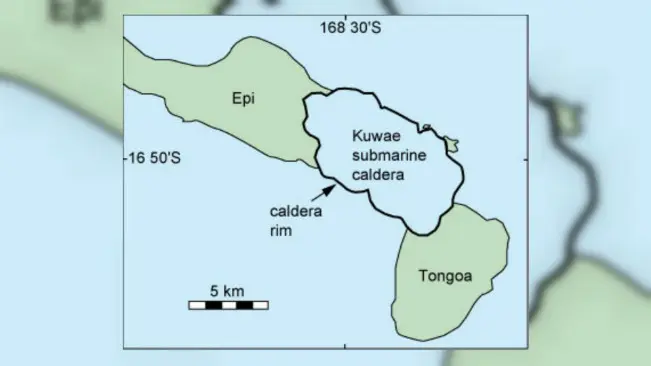 Letak gunung Kuwae yang sekarang telah lenyap. Posisinya di Samudra Pasifik. (Sumber Oregon State University)