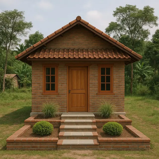 Gambar Rumah Sederhana Ukuran 5x7 di Kampung dengan Taman Kecil di Depan