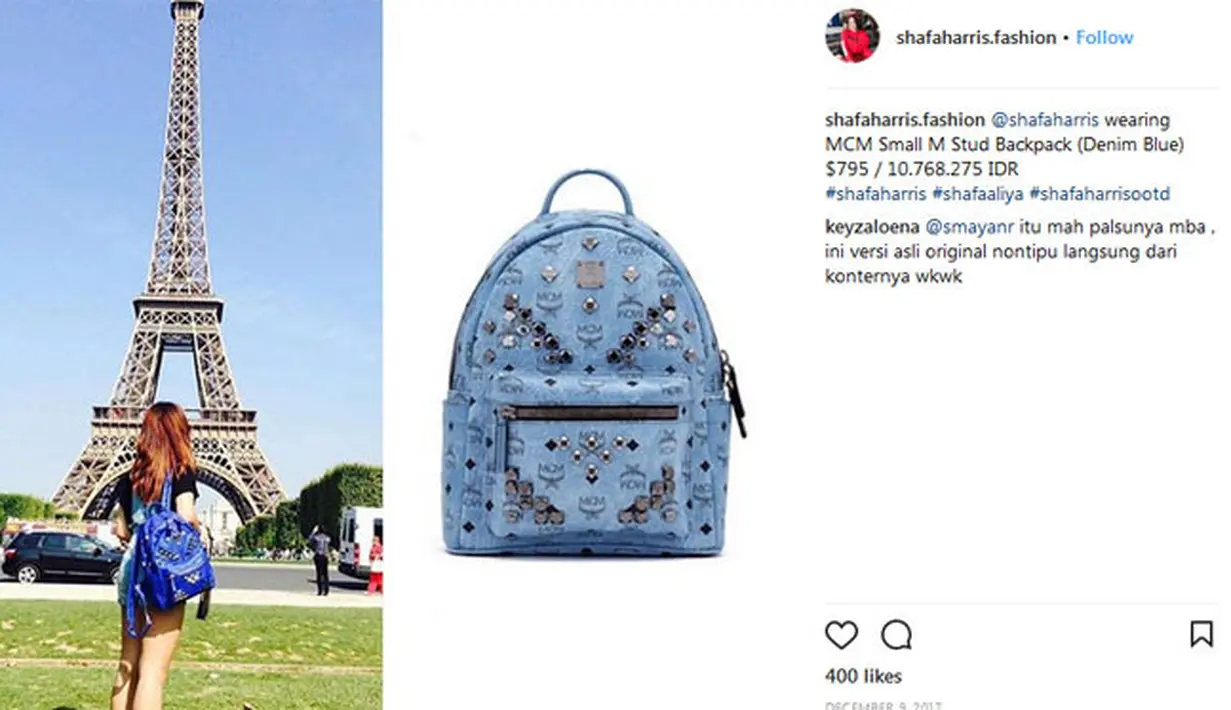Tas ransel biru menambah penampilan Shafa di kesehariannya. Mengintip harganya, melihat dari akun Instagram @shafaharris.fashion, harga ransel itu mencapai Rp 10.768.275. (Instagram/shafaharris.fashion)