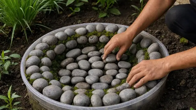 Cara Membuat Kolam Mini Natural dengan Lumut dan Batu Kali dari Galon Bekas (AI Generated)