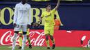 Gelandang Villarreal, Gerard Moreno berselebrasi usai mencetak gol lewat penalti ke gawang Real Madrid selama pertandingan lanjutan La Liga Spanyol di Estadio De La Ceramica di Villareal, Spanyol, Sabtu (7/1/2023). Kemenangan ini mengantar Villarreal naik ke peringkat lima usai mengoleksi 27 poin. (AP Photo/Alberto Saiz)