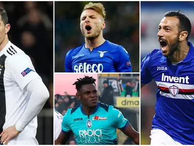 Berikut ini daftar pencetak gol terbanyak sementara Serie A 2019. Striker Sampdoria, Quagliarella, menduduki posisi teratas dengan koleksi 25 gol, sementara bintang Juventus, Cristiano Ronaldo di posisi tiga dengan 21 gol. (Foto Kolase AP dan AFP)